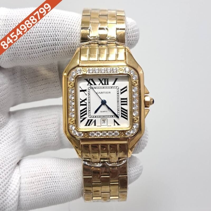 Cartier Santos Full Gold Diamond Bazel White Dial Swiss Watch