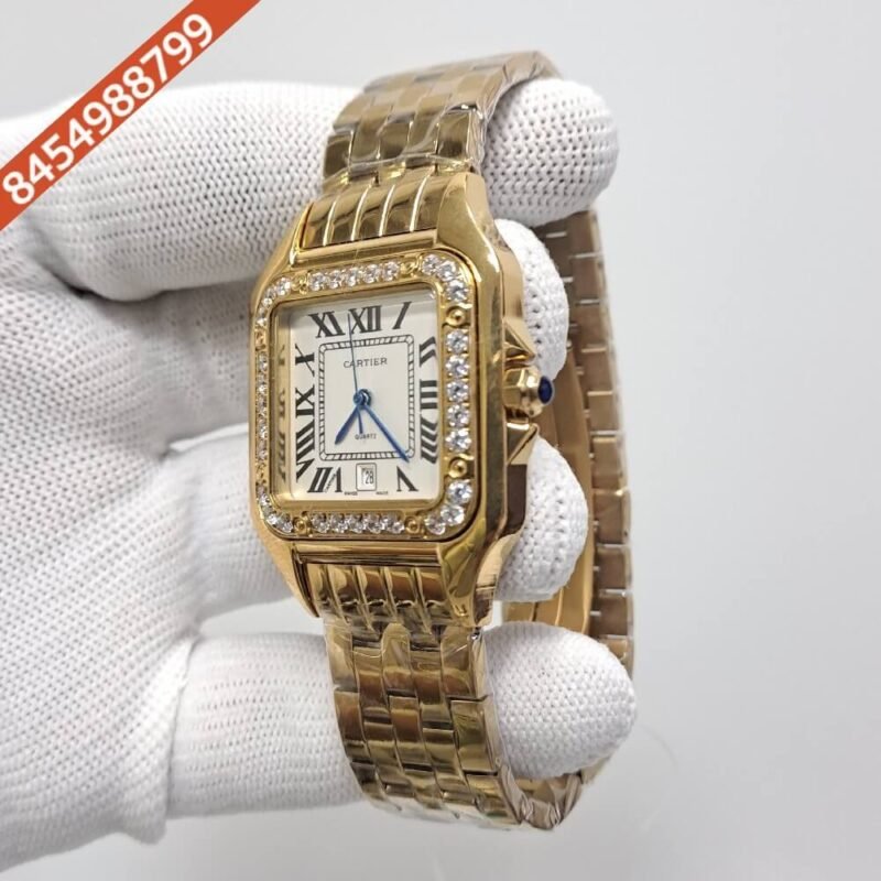 Cartier Santos Full Gold Diamond Bazel White Dial Swiss Watch - Image 3