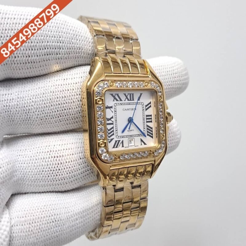 Cartier Santos Full Gold Diamond Bazel White Dial Swiss Watch - Image 2