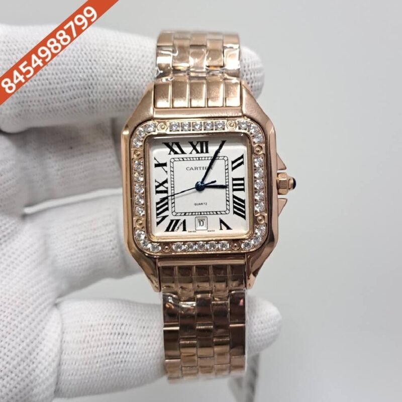 Cartier Santos Full Rose Gold Diamond Bazel White Dial Swiss Watch