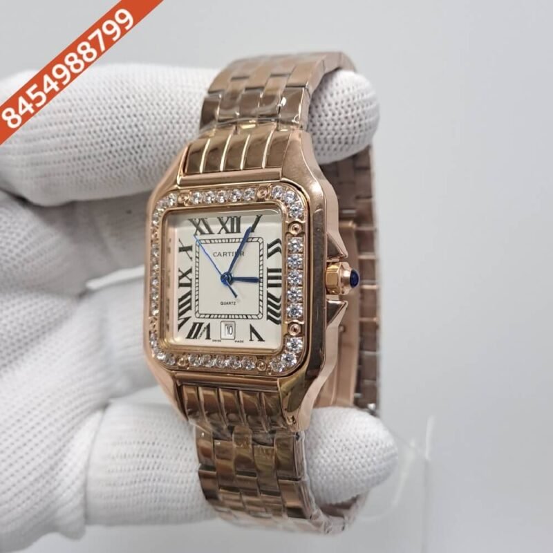 Cartier Santos Full Rose Gold Diamond Bazel White Dial Swiss Watch - Image 3