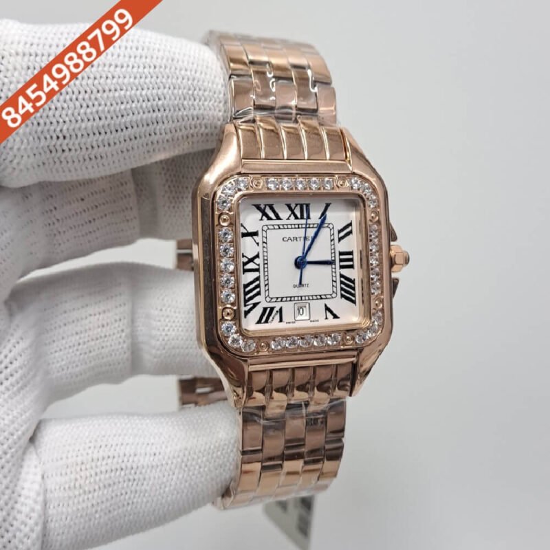 Cartier Santos Full Rose Gold Diamond Bazel White Dial Swiss Watch - Image 2