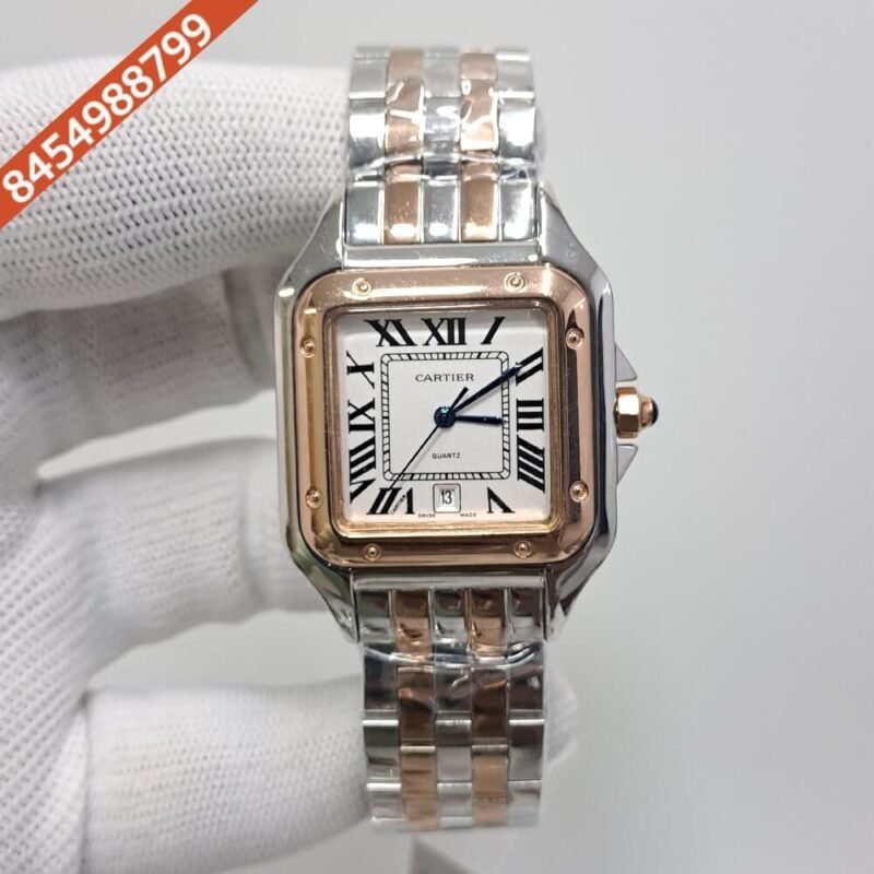 Cartier Santos Rose Gold Dual Tone White Dial Swiss Watch