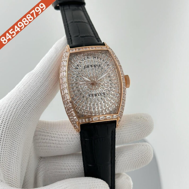Franck Muller CASABLANCA Rose Gold White Diamond Dial Black Leather Strap Swiss Automatic Watch