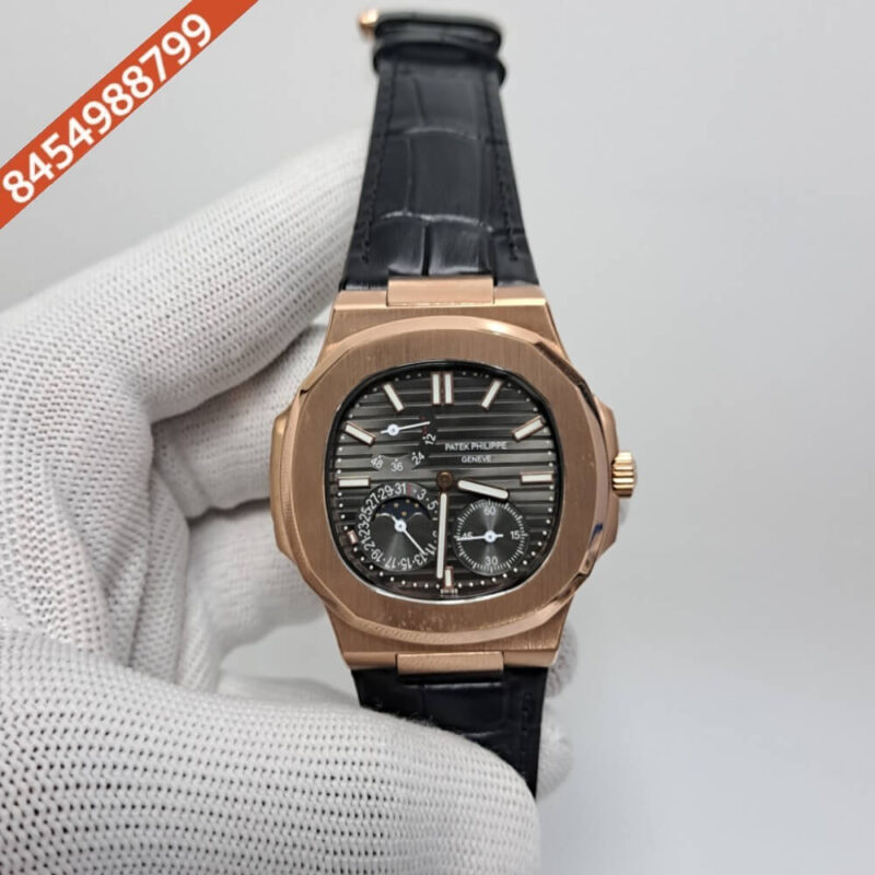 Patek Philippe Aquanaut Brown Dial Black Leather Strap Swiss Automatic Watch