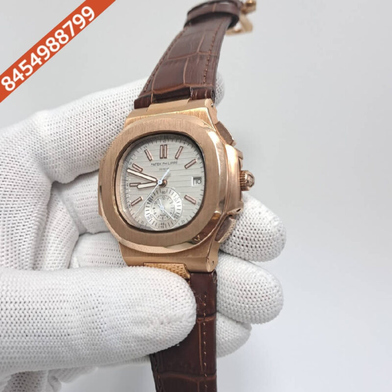 Patek Philippe Nautilus Annual Calendar Moon Phase Brown Leather Strap Swiss Automatic Watch - Image 2