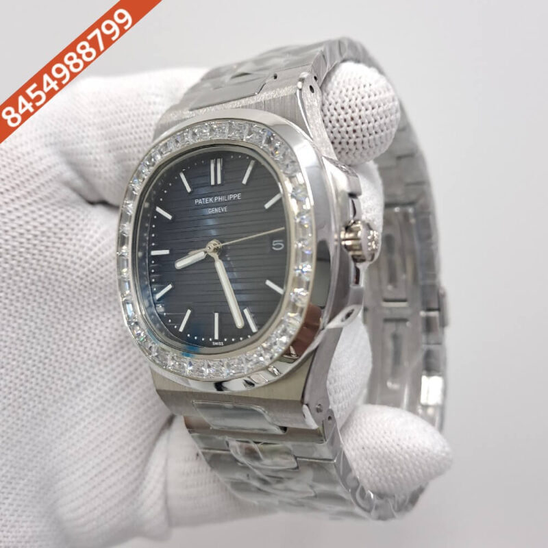 Patek Philippe Nautilus Silver Blue  White Emerald Swiss Automatic Watch - Image 3