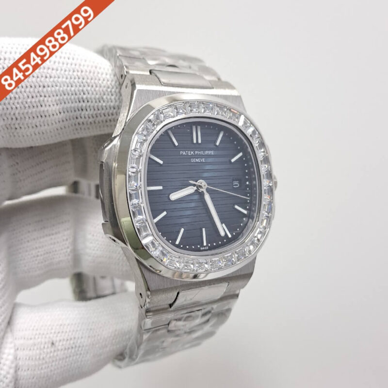 Patek Philippe Nautilus Silver Blue  White Emerald Swiss Automatic Watch - Image 2