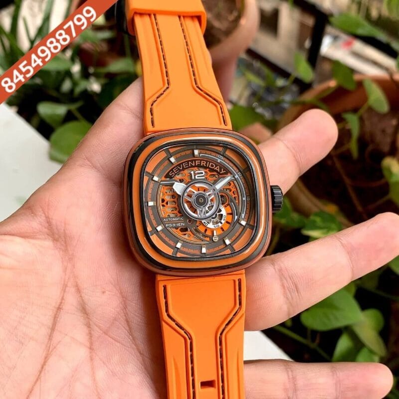 Seven Friday Skeleton Dial Orange Rubber Strap Swiss Automatic Watch