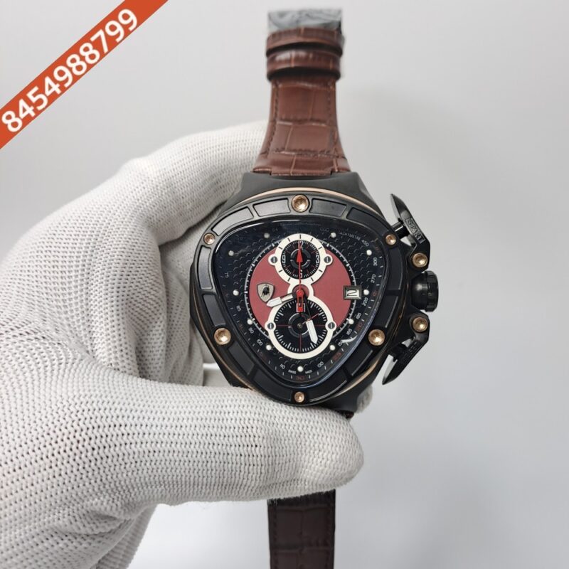 Lamborghini Tonino Spyder Full Black Red Chronograph Brown Leather Strap Swiss Watch