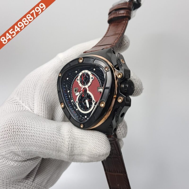 Lamborghini Tonino Spyder Full Black Red Chronograph Brown Leather Strap Swiss Watch - Image 3