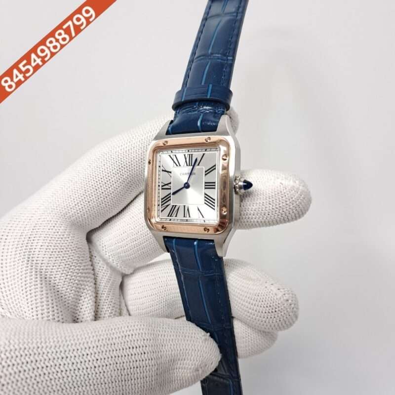 Cartier Santos Dumont Small White Dial Blue Leather Strap Swiss Watch - Image 3