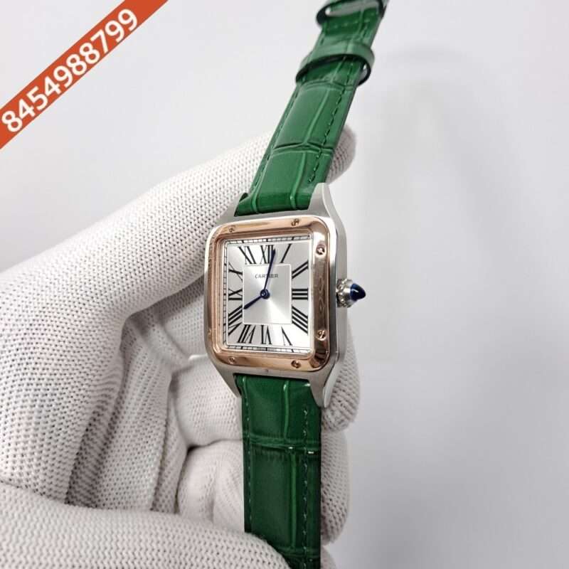 Cartier Santos Dumont Small White Dial Green Leather Strap Swiss Watch - Image 3