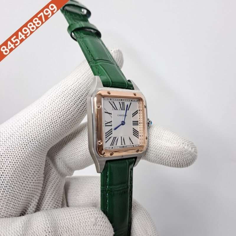 Cartier Santos Dumont Small White Dial Green Leather Strap Swiss Watch - Image 2