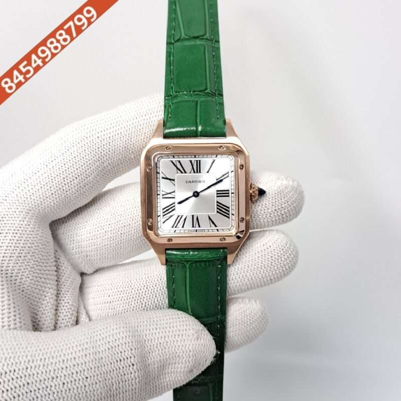 Cartier Santos Dumont Small White Dial Green Leather Strap Swiss Watch