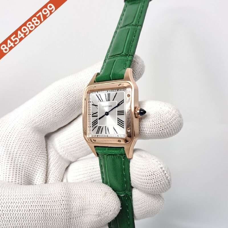 Cartier Santos Dumont Small White Dial Green Leather Strap Swiss Watch - Image 3