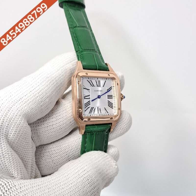 Cartier Santos Dumont Small White Dial Green Leather Strap Swiss Watch - Image 2