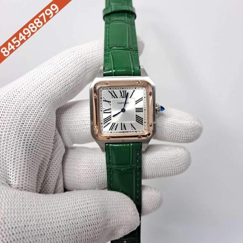 Cartier Santos Dumont Small White Dial Green Leather Strap Swiss Watch