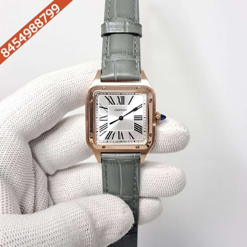 Cartier Santos Dumont Small White Dial Grey Leather Strap Swiss Watch