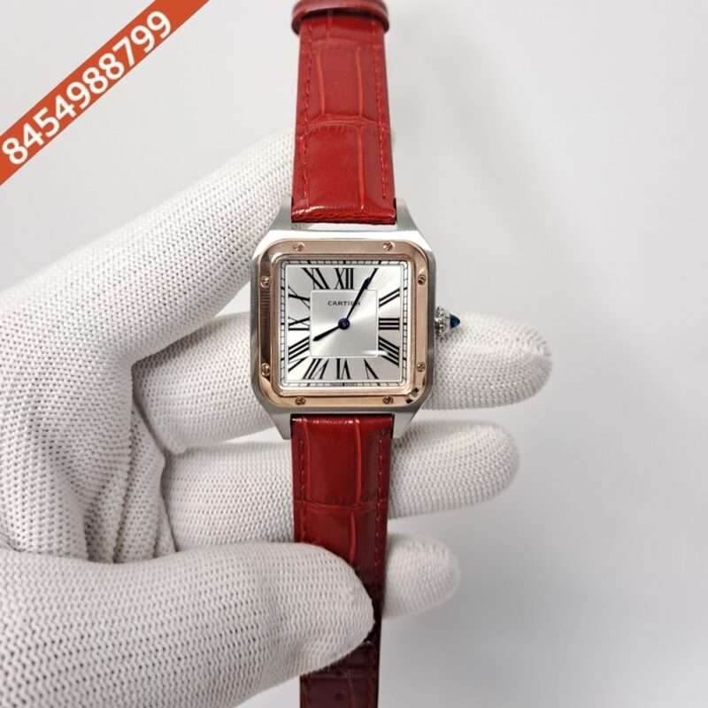 Cartier Santos Dumont Small White Dial Red Leather Strap Swiss Watch