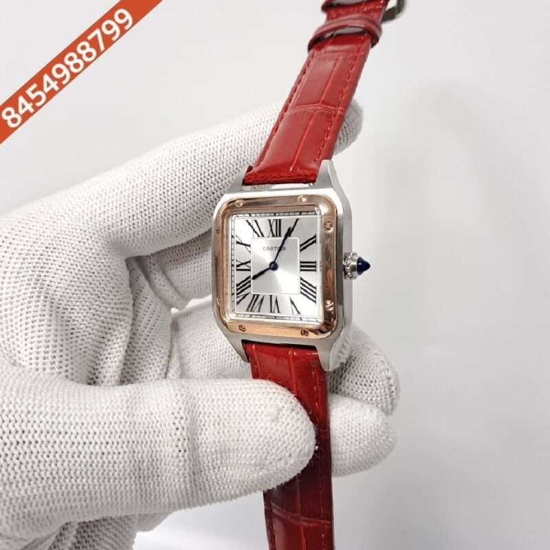 Cartier Santos Dumont Small White Dial Red Leather Strap Swiss Watch - Image 3