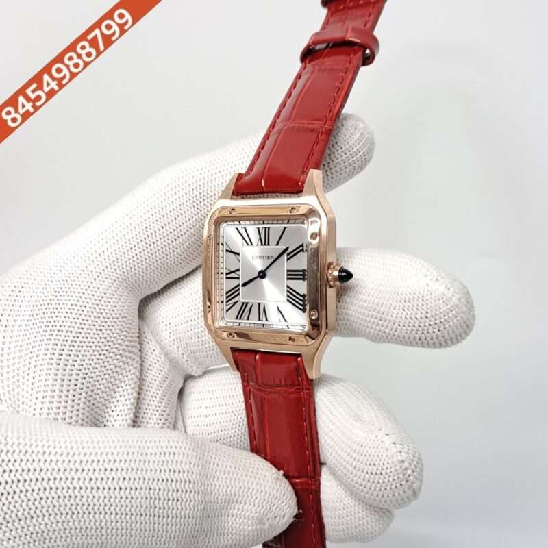 Cartier Santos Dumont Small White Dial Red Leather Strap Swiss Watch - Image 3