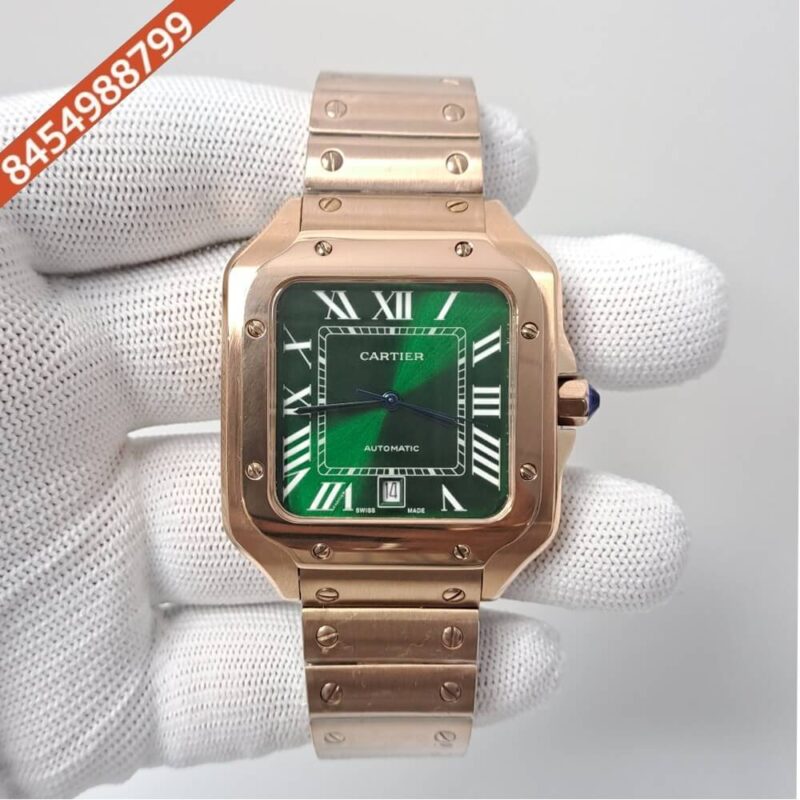 Cartier Santos De Rose Gold Green Dial Swiss Automatic Watch