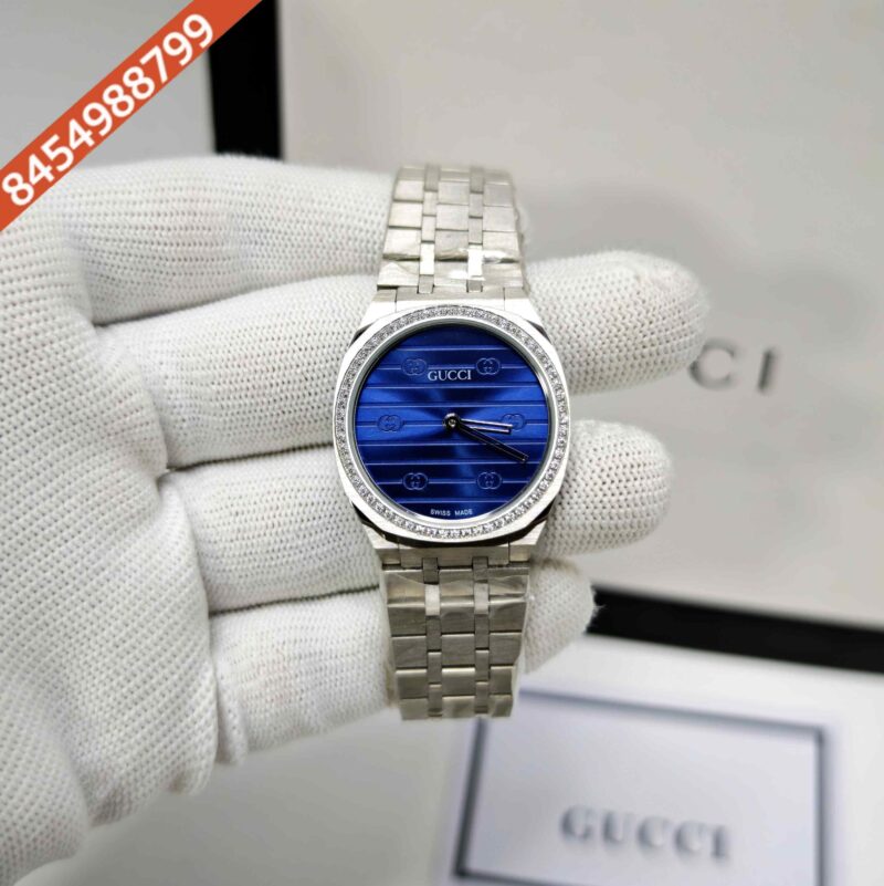 Gucci 25H Blue Diamond Bazel Stainless Steel Swiss Watch