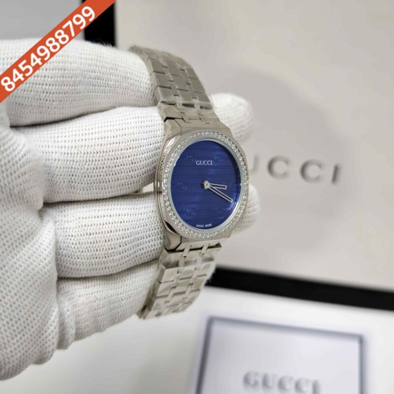 Gucci 25H Blue Diamond Bazel Stainless Steel Swiss Watch - Image 3