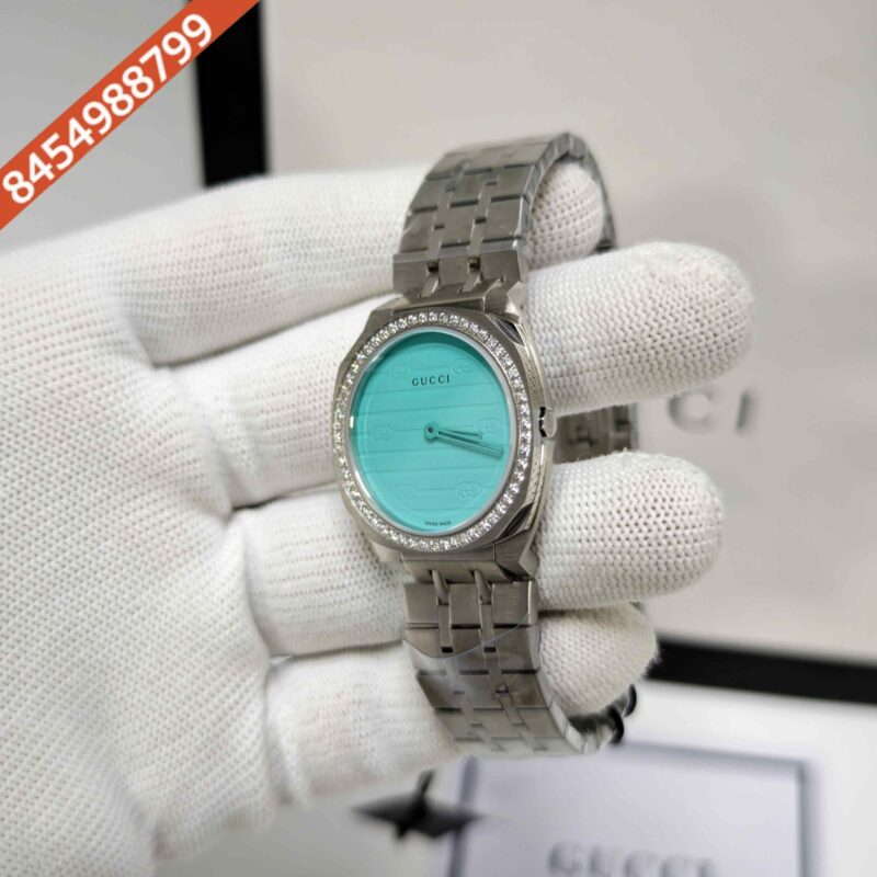 Gucci 25H Sky Blue Diamond Bazel Stainless Steel Swiss Watch - Image 2