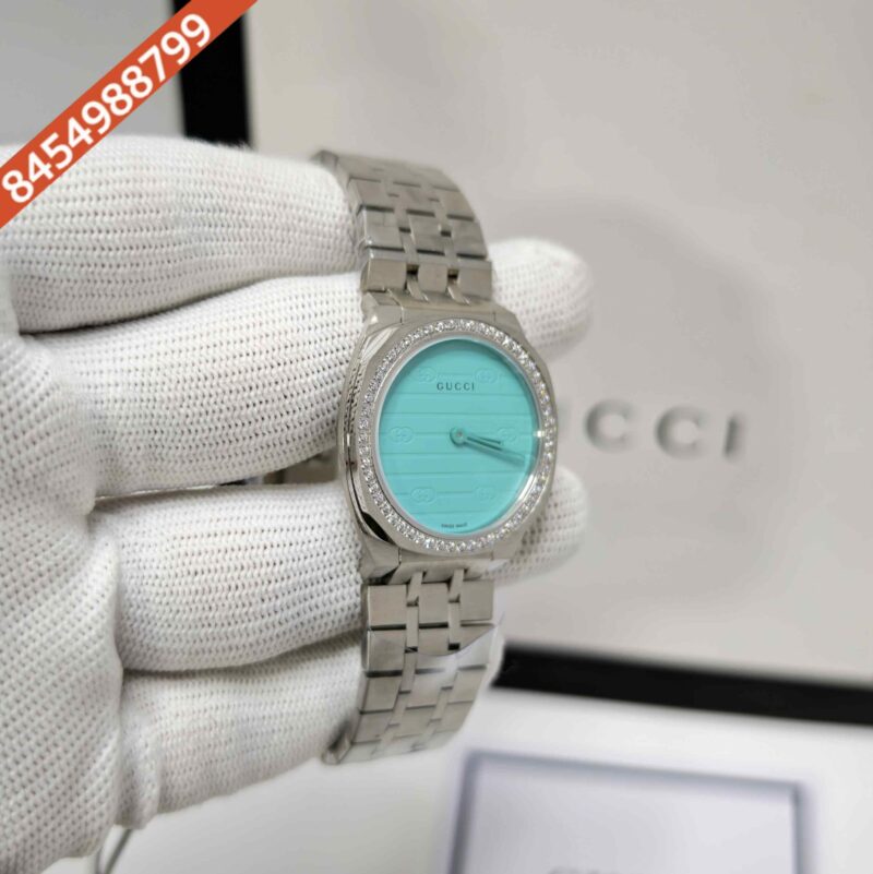 Gucci 25H Sky Blue Diamond Bazel Stainless Steel Swiss Watch - Image 3