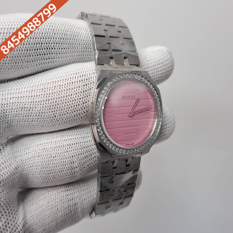 Gucci 25H Pink Diamond Bazel Stainless Steel Swiss Watch - Image 2