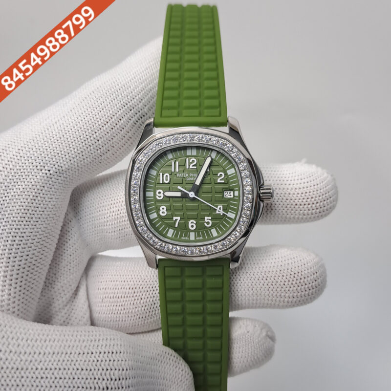 Patek Philippe Nautilus Diamond Bezel Green Dial Rubber Strap Swiss Watch