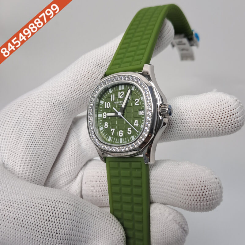 Patek Philippe Nautilus Diamond Bezel Green Dial Rubber Strap Swiss Watch - Image 2