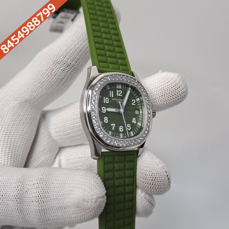 Patek Philippe Nautilus Diamond Bezel Green Dial Rubber Strap Swiss Watch - Image 3