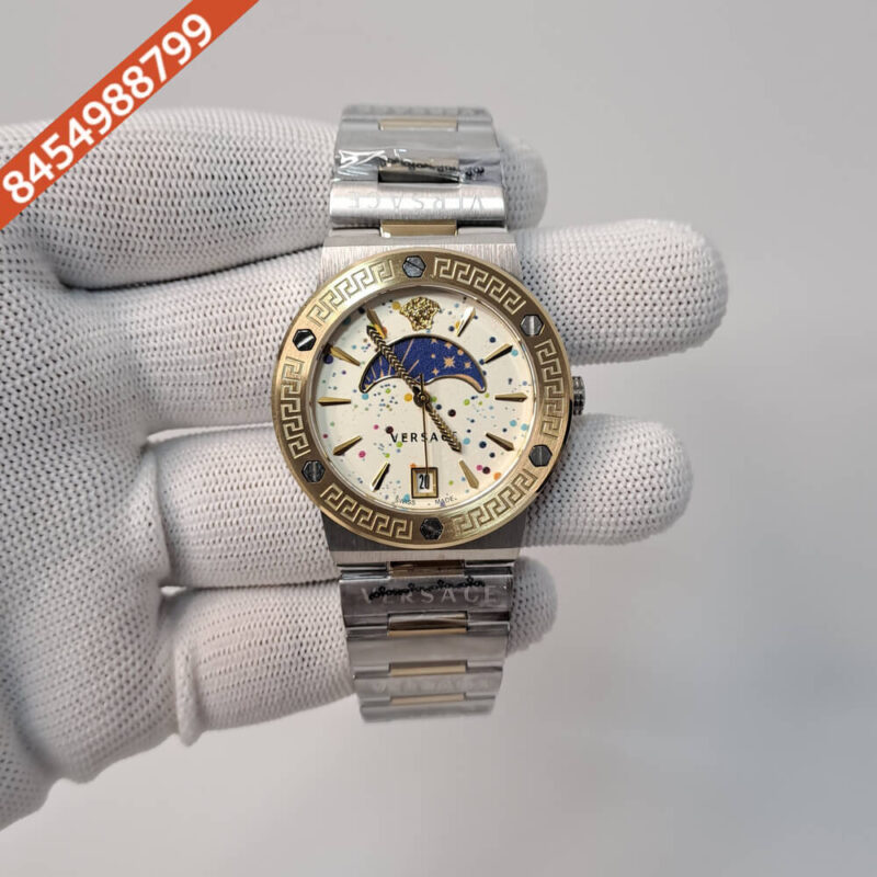 Versace GRECA LOGO MOONPHASE White Dial Stainless Steel Dual Tone Swiss Watch