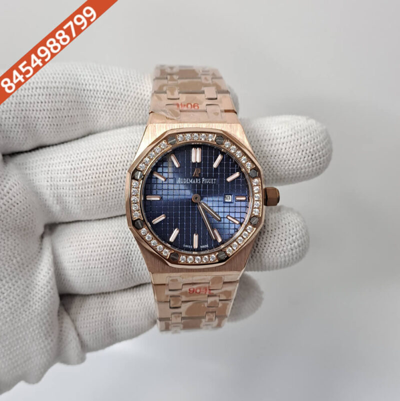 Audemars Piguet Royal Oak Rose Rose Gold Diamond Bazel Blue Dial Swiss Watch