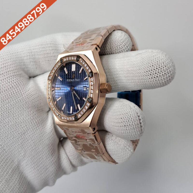 Audemars Piguet Royal Oak Rose Rose Gold Diamond Bazel Blue Dial Swiss Watch - Image 2