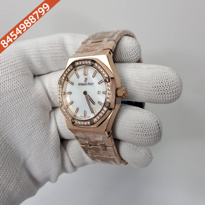 Audemars Piguet Royal Oak Rose Rose Gold Diamond Bazel White Dial Swiss Watch - Image 2