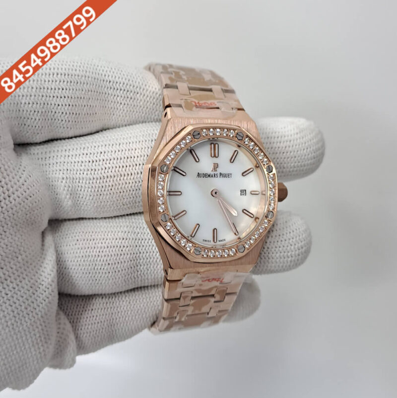 Audemars Piguet Royal Oak Rose Rose Gold Diamond Bazel White Dial Swiss Watch - Image 3