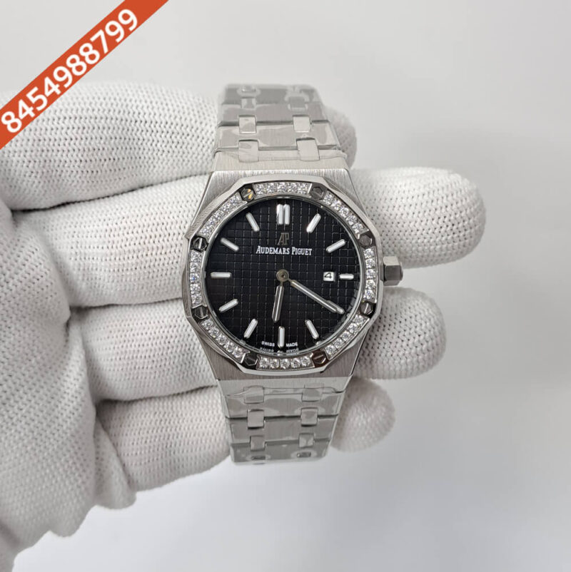 Audemars Piguet Royal Oak Silver Diamond Bazel Black Dial Swiss Watch