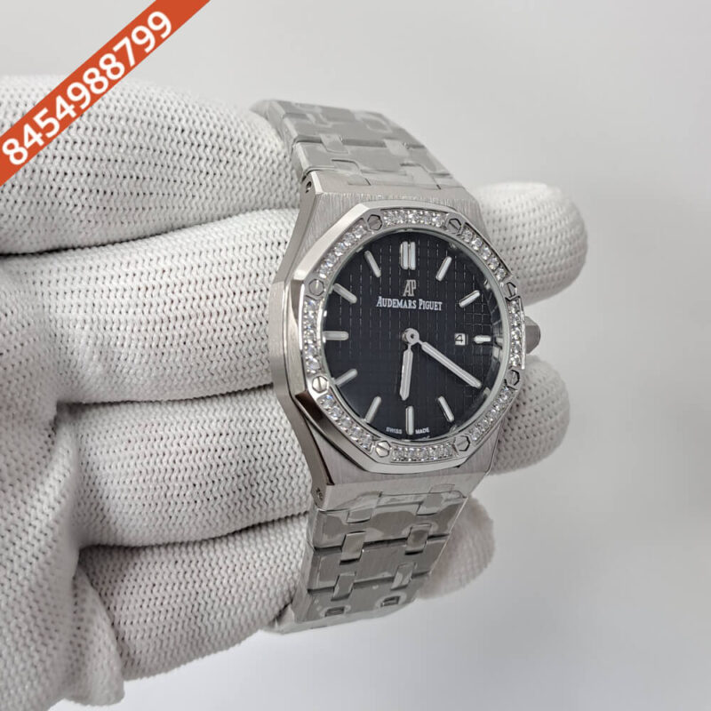 Audemars Piguet Royal Oak Silver Diamond Bazel Black Dial Swiss Watch - Image 3