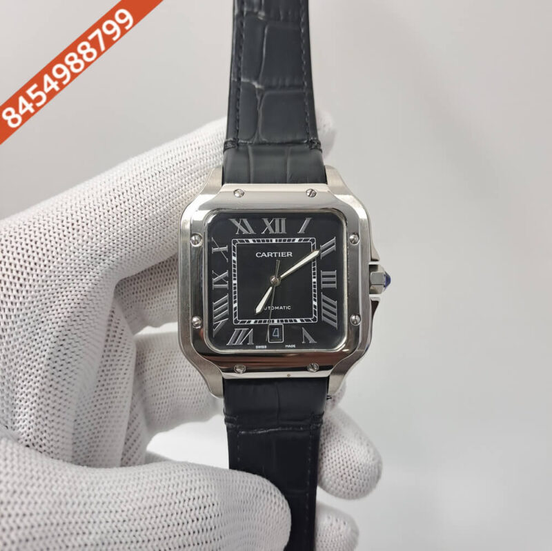 Cartier Santos De Silver Black Dial Black Leather Strap Swiss Automatic Watch