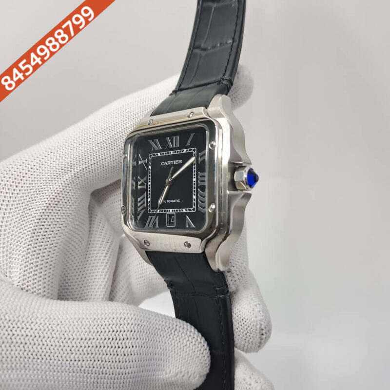 Cartier Santos De Silver Black Dial Black Leather Strap Swiss Automatic Watch - Image 2
