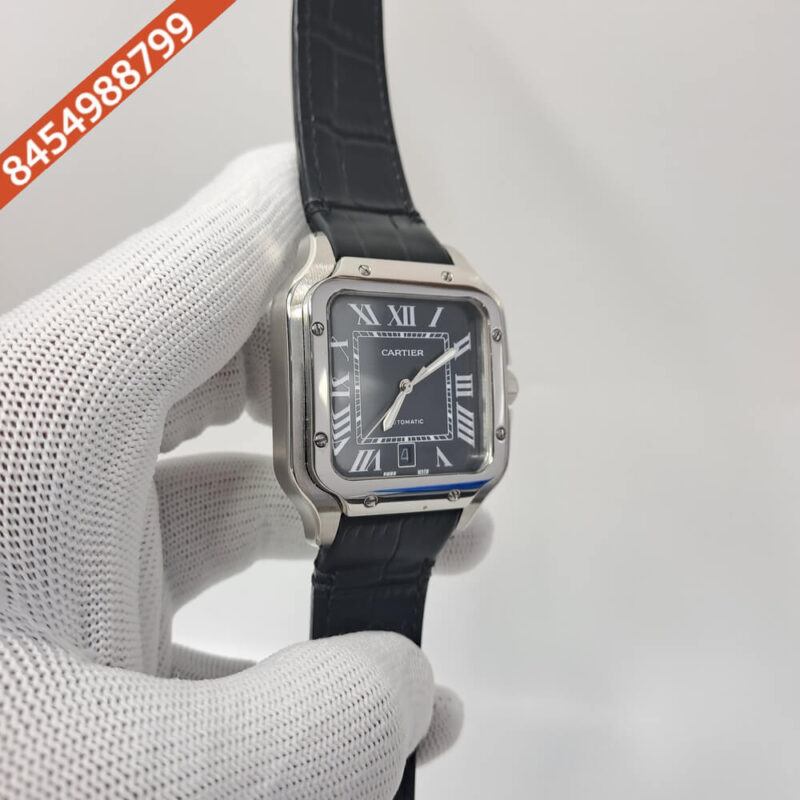 Cartier Santos De Silver Black Dial Black Leather Strap Swiss Automatic Watch - Image 3