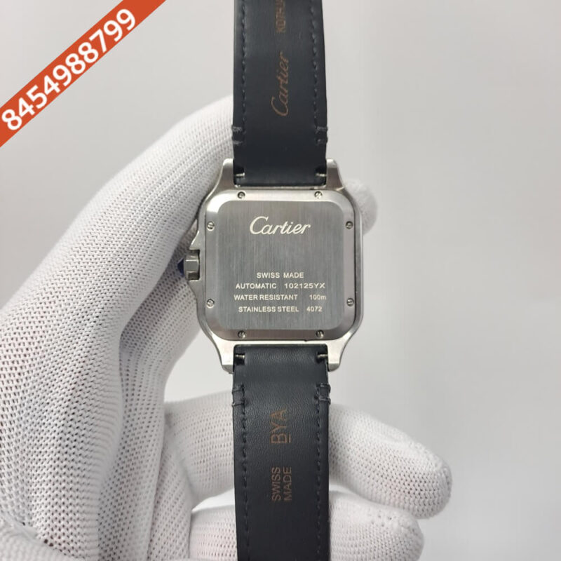 Cartier Santos De Silver Black Dial Black Leather Strap Swiss Automatic Watch - Image 4