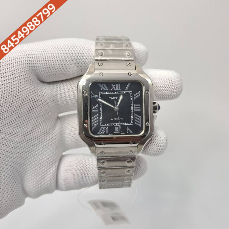 Cartier Santos De Silver Black Dial Swiss Automatic Watch