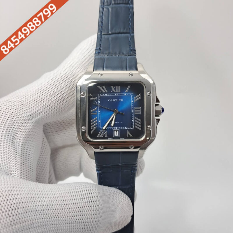 Cartier Santos De Silver Blue Dial Blue Leather Strap Swiss Automatic Watch