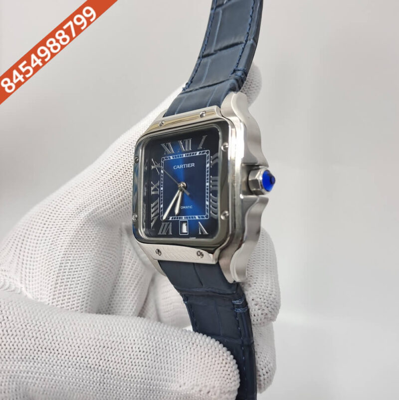 Cartier Santos De Silver Blue Dial Blue Leather Strap Swiss Automatic Watch - Image 2
