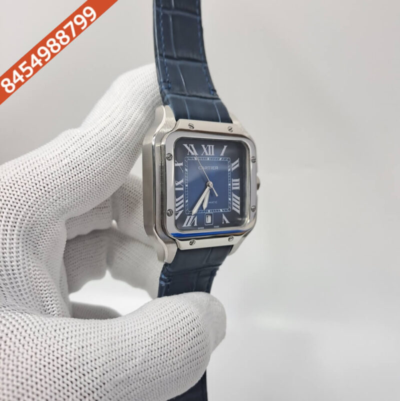 Cartier Santos De Silver Blue Dial Blue Leather Strap Swiss Automatic Watch - Image 3